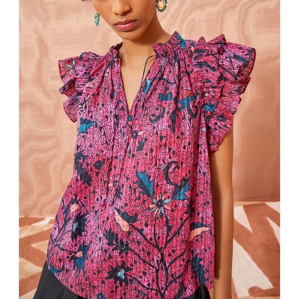 Ulla Johnson Fleur Top Snapdragon Ruffle Peasant V-Neck Cotton Blend SZ 14